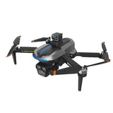 Black quadcopter drone with front camera and four propellers, orange accent arms