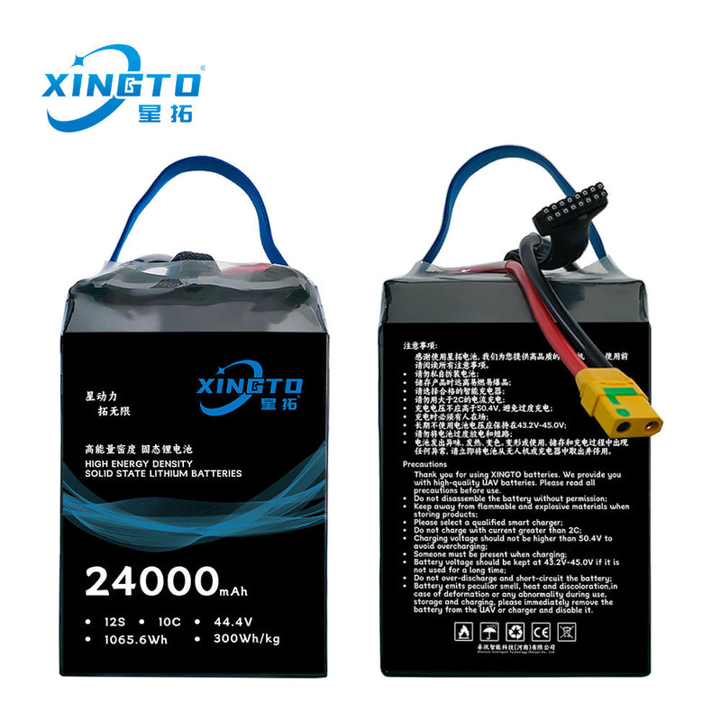 Solid-state LiPo battery pack, black with label and connector cables