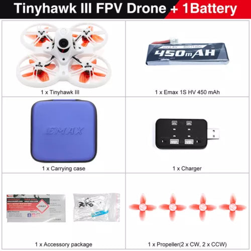 FPV drone kit with quadcopter, battery, charger, carrying case, and replacement propellers
