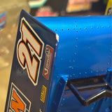 Blue diecast ship model with logo decal and small side details
