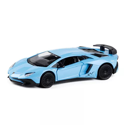 Light blue diecast sports car model with black aero accents and detailed wheels.