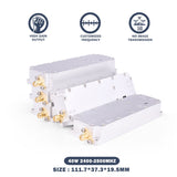 Metal RF anti-drone VCO module with two SMA antenna ports, rectangular silver housing