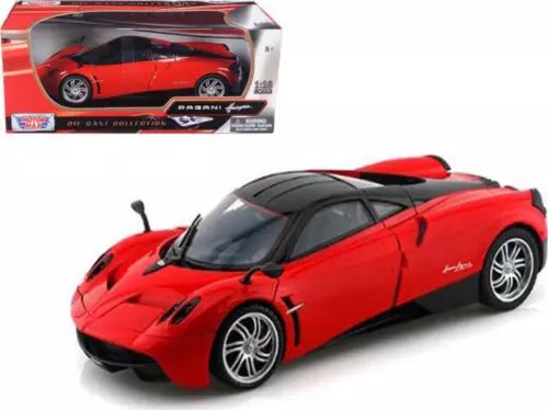 Pagani Huayra red diecast sports car model with black hood and silver wheels
