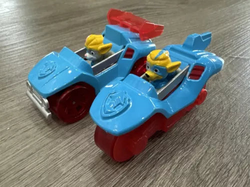 Paw Patrol Super Paws diecast toy twin cars, blue and red with molded details