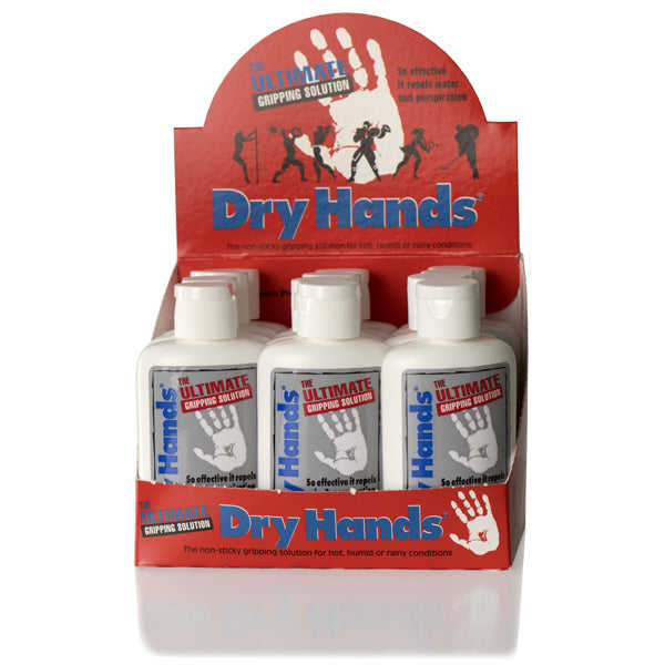 Dry Hands liquid grip chalk refill, three clear bottles with white caps