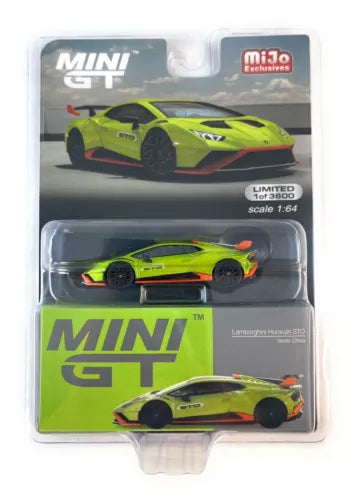 1:64 diecast Lamborghini Huracan STO model car, lime green in blister package
