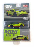1:64 diecast Lamborghini Huracan STO model car, lime green in blister package