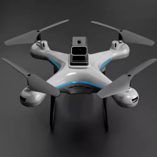 RC quadcopter drone with four grey propellers and central control panel, grey and white body