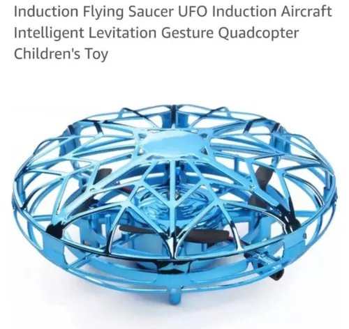 Blue flying saucer induction drone with lattice frame and central control module