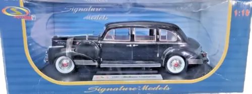 Black vintage limousine diecast model car, front 3/4 view in display packaging