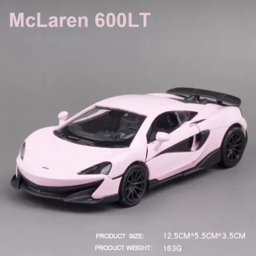 Alloy diecast sports car model toy, light pink body, black wheels and grille detail