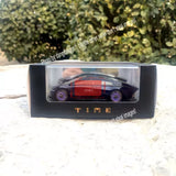 Diecast car model in clear display box, dark red sports car with Time branding
