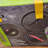 Illustrated quadcopter drone box with propeller graphic and control text