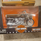 Harley-Davidson diecast motorcycle model in retail box, chrome and dark finish
