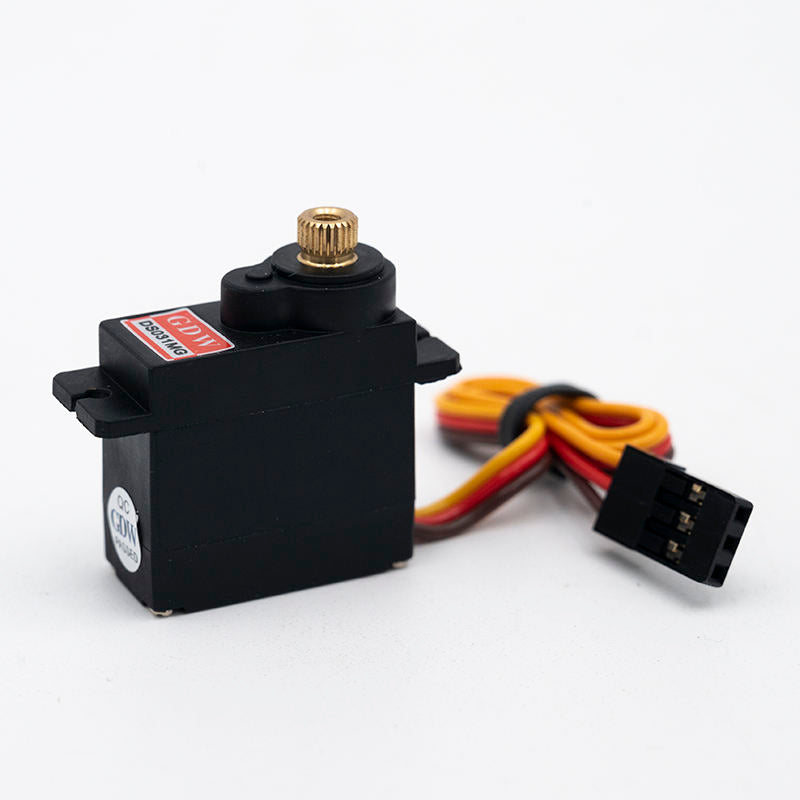 Mini RC servo motor with metal output shaft, black housing, wired connector