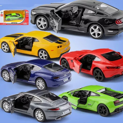 Diecast sports car model set with six colors: yellow, red, blue, green, black.