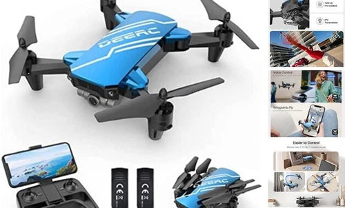 Blue mini quadcopter drone with camera and remote controller with smartphone display