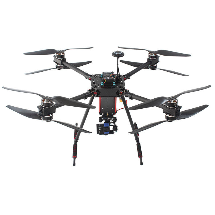 Eight-propeller RC drone with camera mount, landing legs, and central control board