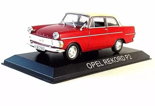 Red Opel Rekord P2 diecast car model with front view and display base