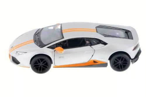 Diecast sports car with white body, orange stripes, black wheels, and rear spoiler