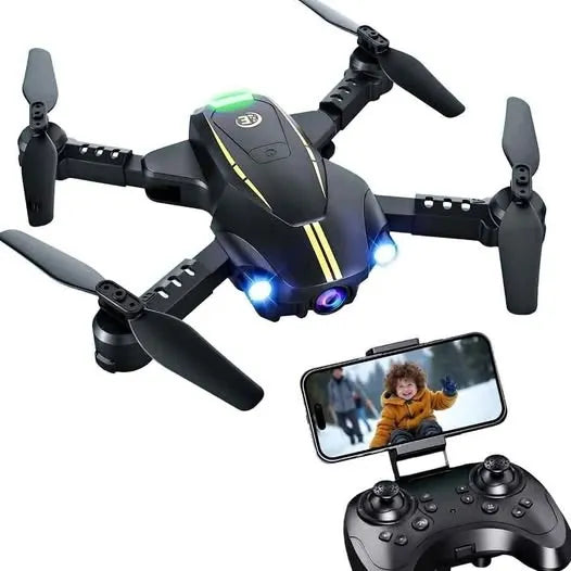 Black quadcopter drone with LED lights, camera view on phone, and remote controller