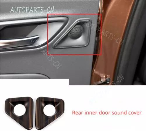 Rear inner door sound cover set, two dark bronze metal panels with round cutouts