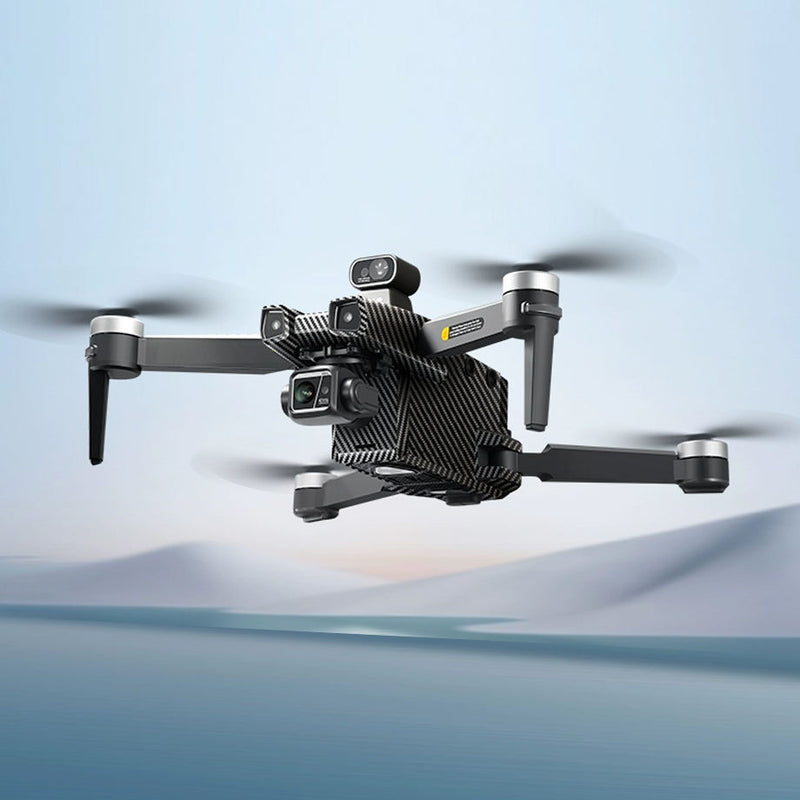 Folding quadcopter drone with front camera and sensors, black