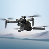 Folding quadcopter drone with front camera and sensors, black