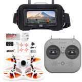 FPV drone controller and goggles set with white quadcopter, gray remote