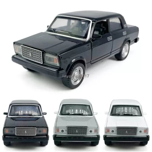 1:32 diecast model car, dark gray Lada sedan with chrome grille and front bumper details.