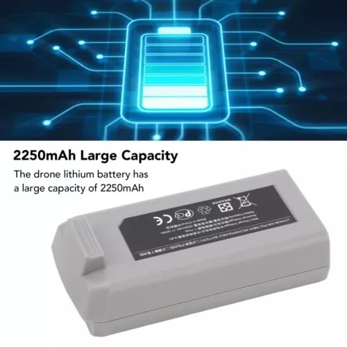 2250mAh drone battery pack, rectangular gray casing with label and status icons