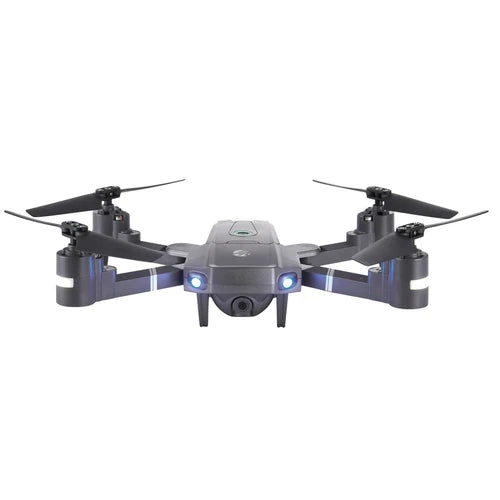Foldable video drone with four propellers and front camera, dark gray body