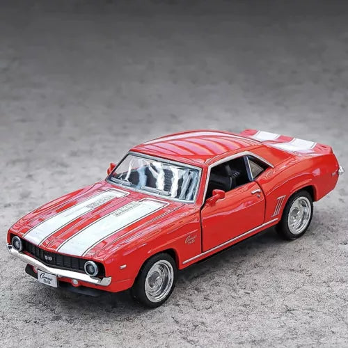 Diecast toy car model with red body, white racing stripes, and chrome details