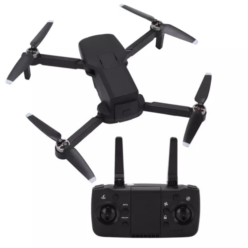 Foldable black quadcopter drone with four propellers and controller