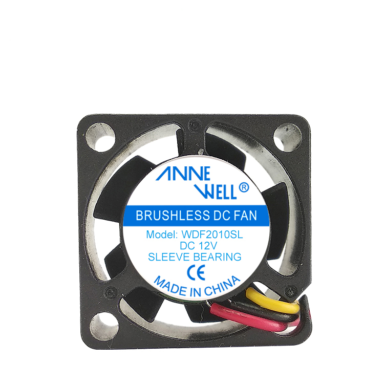 Brushless DC cooling fan, square black frame with label ANNE WELL and 2-wire leads