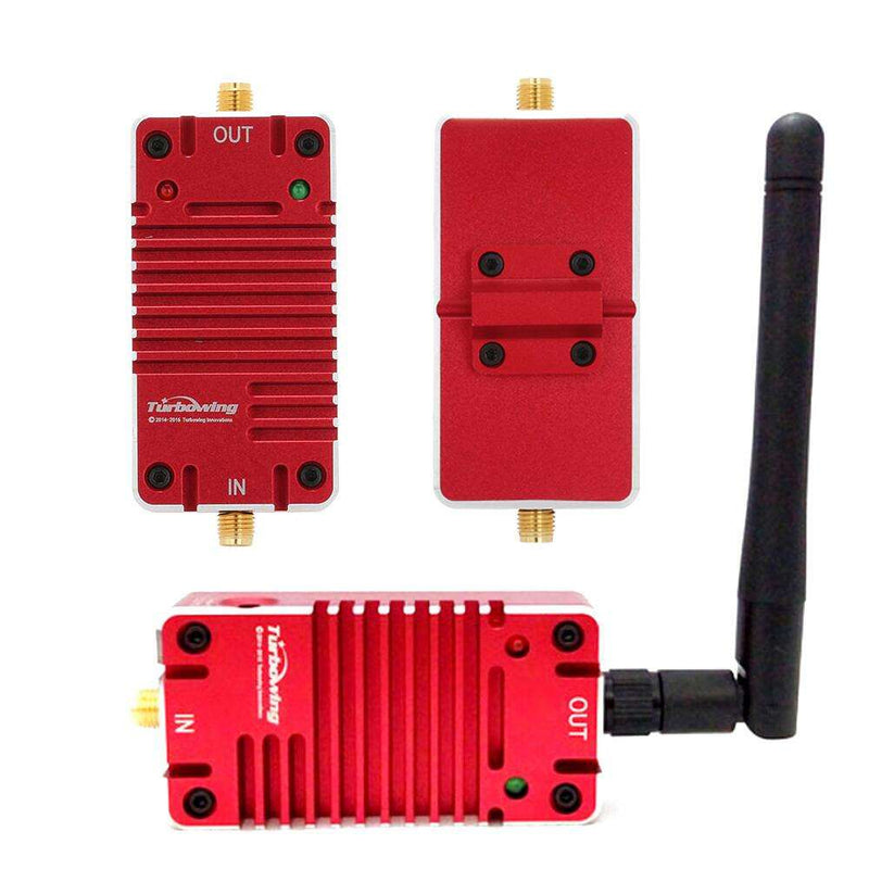 Red RF signal amplifier booster module with SMA antennas and connectors