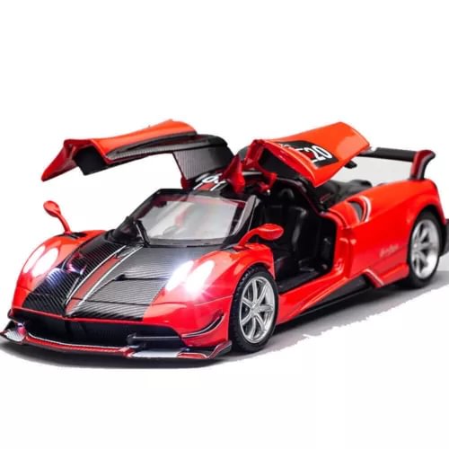 1:32 diecast toy car, red Pagani Huayra BC style with open doors and detailed wheels