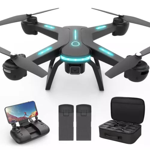 FPV quadcopter drone kit with LED lights, front camera, controller, batteries, carry case