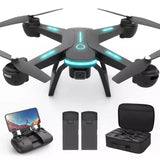 FPV quadcopter drone kit with LED lights, front camera, controller, batteries, carry case