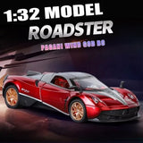 1:32 alloy roadster diecast model car, red with gray stripes, detailed front.