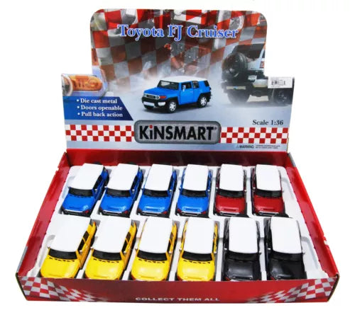 TOYOTA FJ Cruiser diecast car display box with 12 vehicles, 1:36 scale, assorted colors