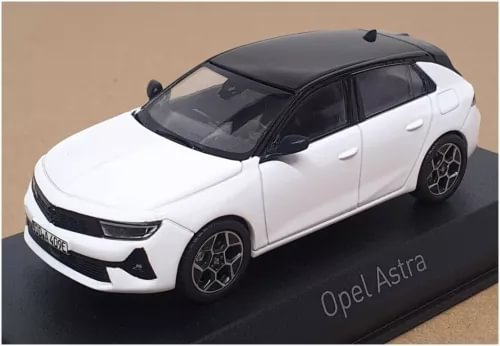 Norev diecast Opel Astra model car in Arctic White, front three-quarter view on base