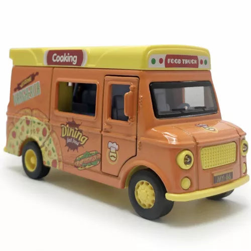 Diecast hot dog food truck toy with side windows and front grille detail