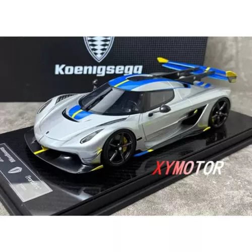 Koenigsegg Jesko Attack resin diecast model car, silver with blue accents