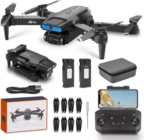 Foldable quadcopter drone with camera, remote controller and extra batteries