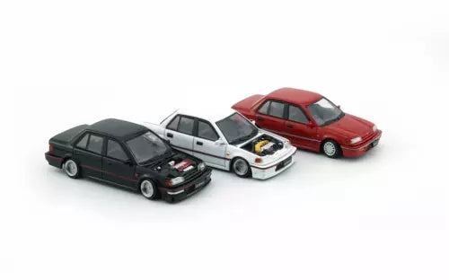 1:64 diecast sedan toy cars in black, silver, and red