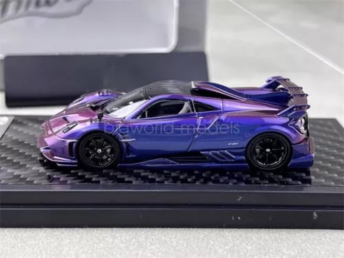 Diecast car model toy, purple and blue sports car, 1/64 scale, side view.