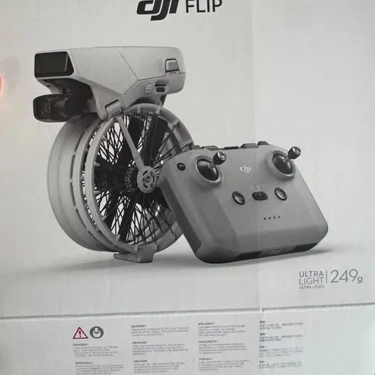 Gray DJI Flip foldable drone with camera and front wheel arms