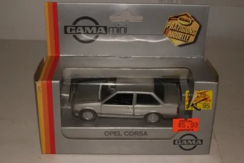 Gama mini Opel Corsa 1:43 diecast model car in display box with Opel Corsa label