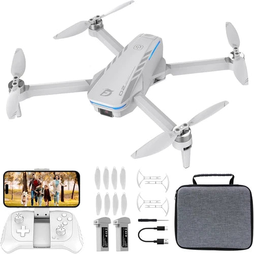 Foldable quadcopter drone with camera, remote controller, spare propellers, and carry case